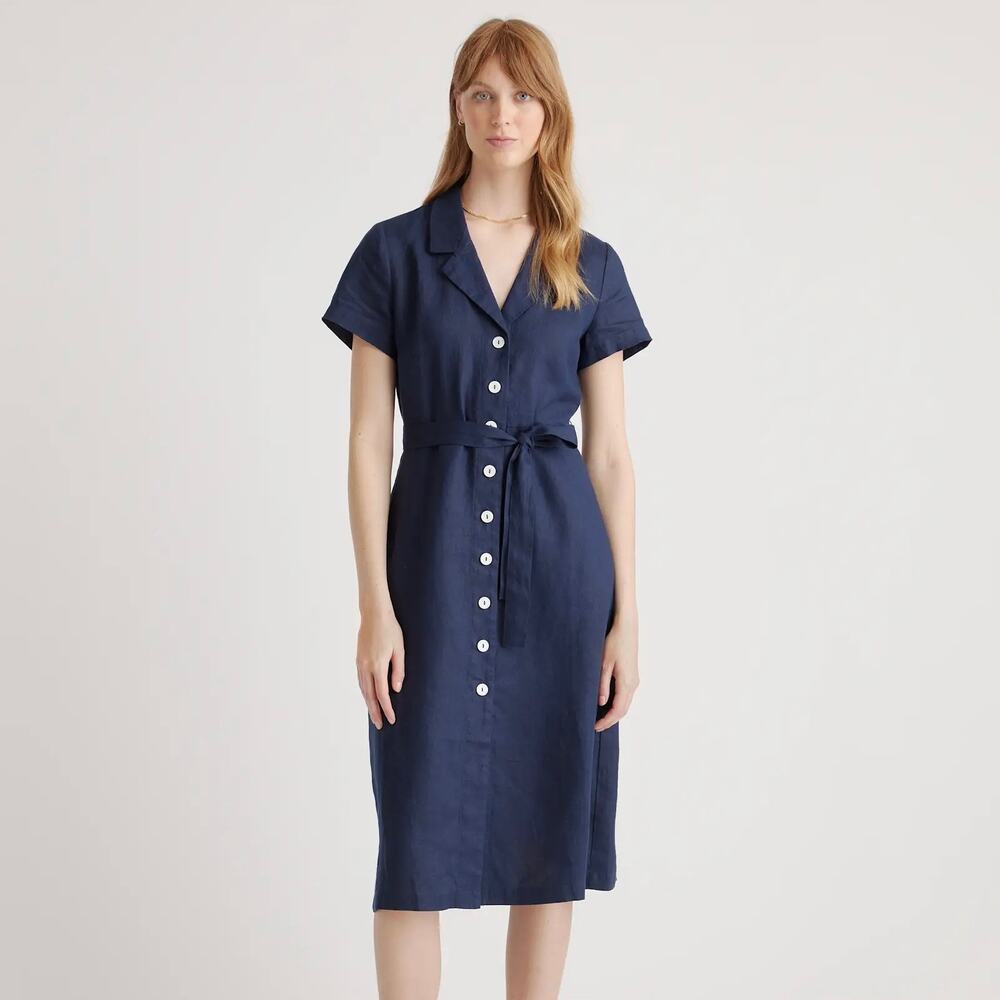 Quince European Linen Button Front Dress M Navy Quiet Luxury Minimalist Academia